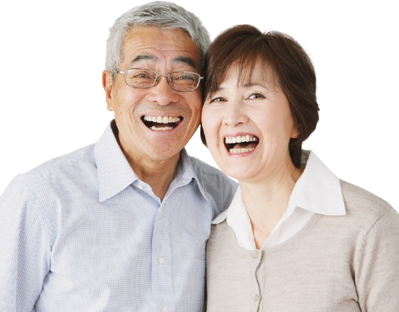 Joyful Asian senior couple laughing together protected by their Columbus senior insurance policy